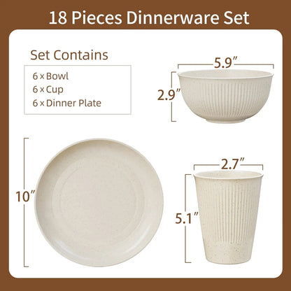 TINANA Wheat Straw Dinnerware Sets, Service for 6, 18 PCS Unbreakable Plastic Dinnerware, Freezer Dishwasher Safe - Beige