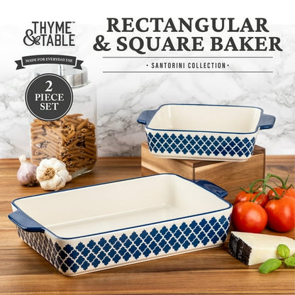 Thyme & Table Stoneware Square & Rectangular Baker, Blue Pattern, 2-Piece Set