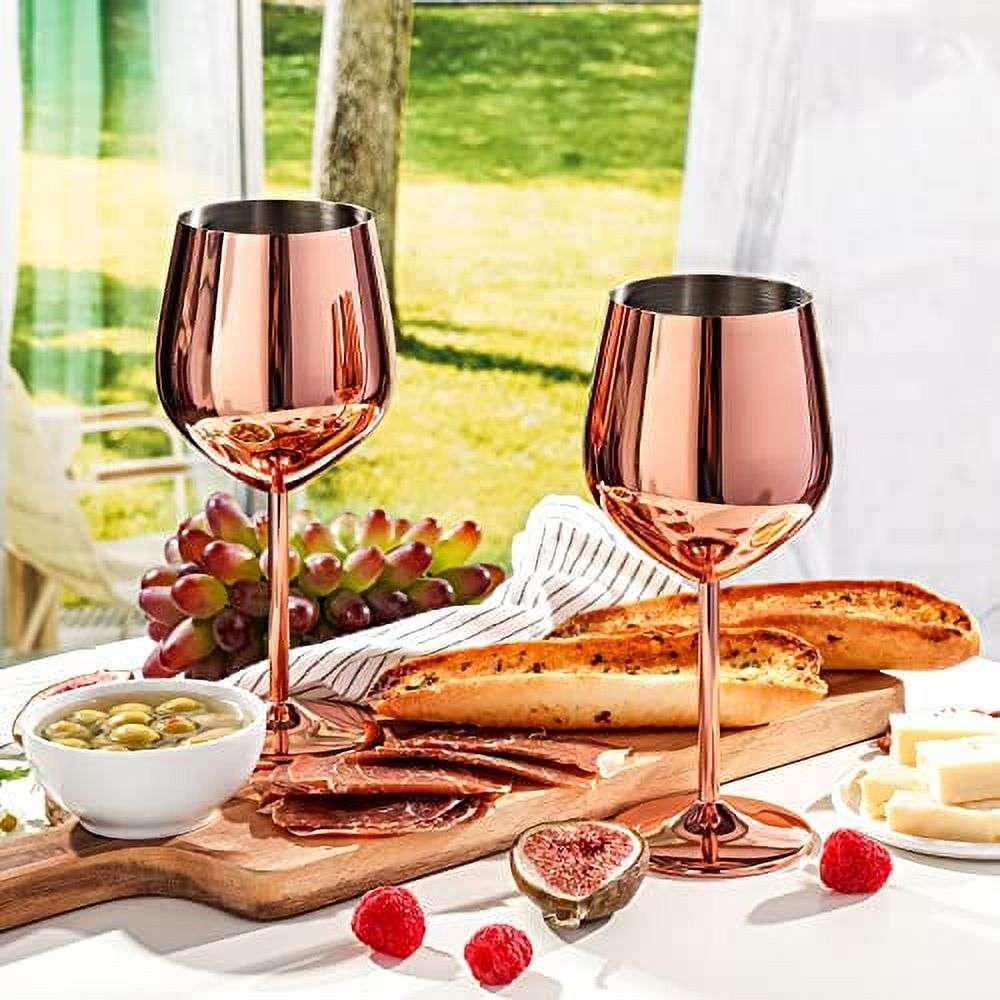 WOTOR Rose Gold Wine Glasses Set of 4, 18oz Copper Wine Glasses, Stainless Steel Wine Glasses, Unbreakable & Portable Stemmed Metal Wine Glass for Outdoor, Travel, Camping, Ideal Wine Accessories Gift