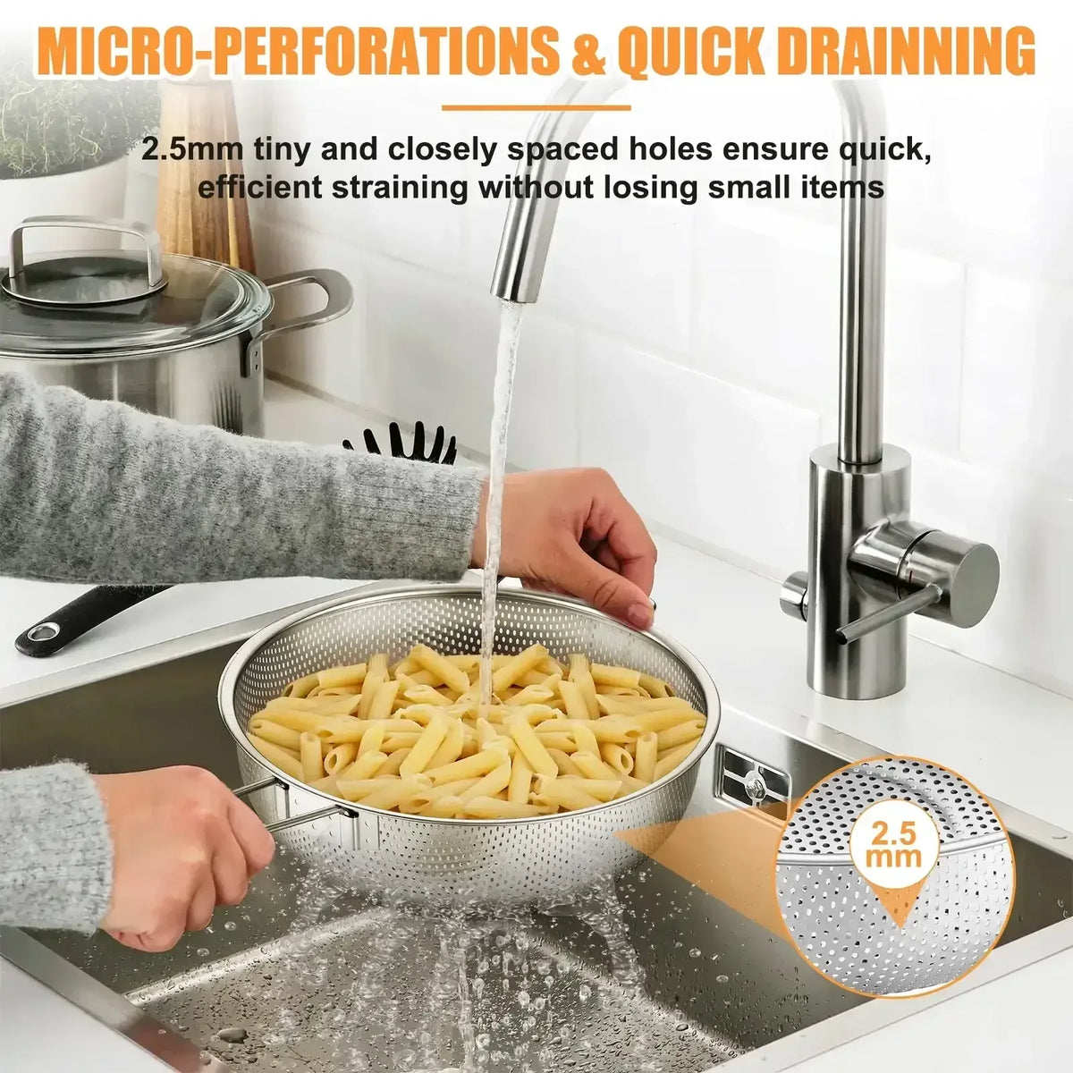 VeSteel Colander Set of 3, Stainless Steel Micro-Perforated Colanders Strainers for Draining Rinsing Washing, Ideal for Pasta Vegetables Fruits, Heavy Duty & Dishwasher Safe
