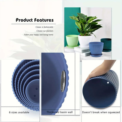 Clearance! Flower Pots Indoor Thicken Planter with Hole and Tray for All House Plants Reliable Plastic Ripple Pattern Flowerpot for Home Garden Housewares, Dark Blue 9*8CM