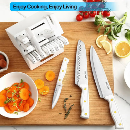 McCook DISHWASHER SAFE MC701 Knife Sets of 26, Stainless Steel Kitchen Knives Block Set with Built-in Knife Sharpener, Measuring Cups and Spoons