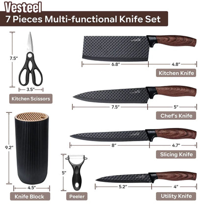 Vesteel Kitchen Knife Set of 7, Professional Stainless Steel Knives Set for Kitchen with Universal Knife Block - Khaki