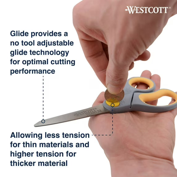 Westcott 8-Inch Titanium Bonded Adjustable Glide Scissors, Grey & Yellow for Office Use