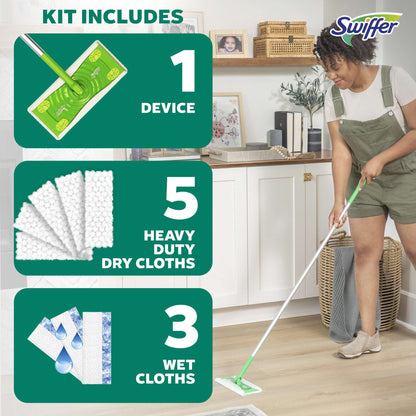 Swiffer Sweep & Mop Dry + Wet Floor Mopping and Sweeping Kit, 1 Device, 5 Dry Cloths, 3 Wet Cloths