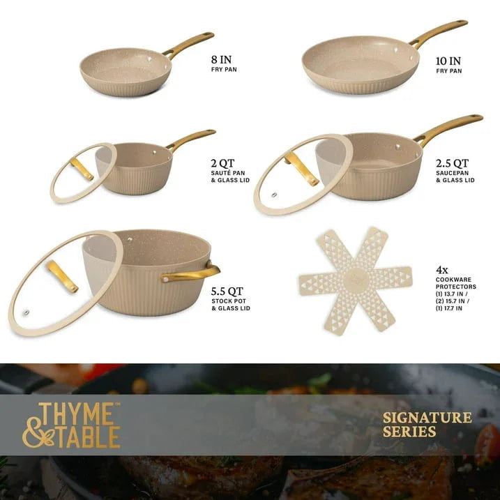 Thyme & Table 12-Piece Ceramic Non-Stick Signature Ribbed Cookware Set, Non-Toxic Pots and Pans Set - Taupe