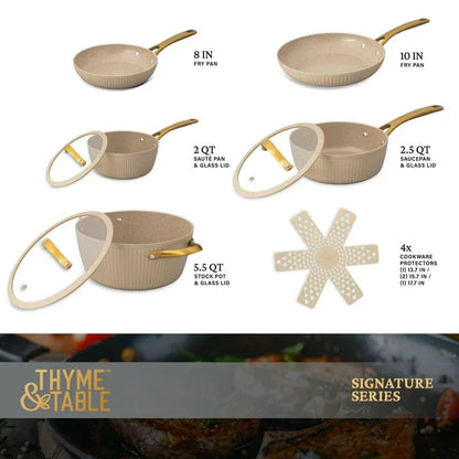 Thyme & Table 12-Piece Ceramic Non-Stick Signature Ribbed Cookware Set, Non-Toxic Pots and Pans Set - Taupe