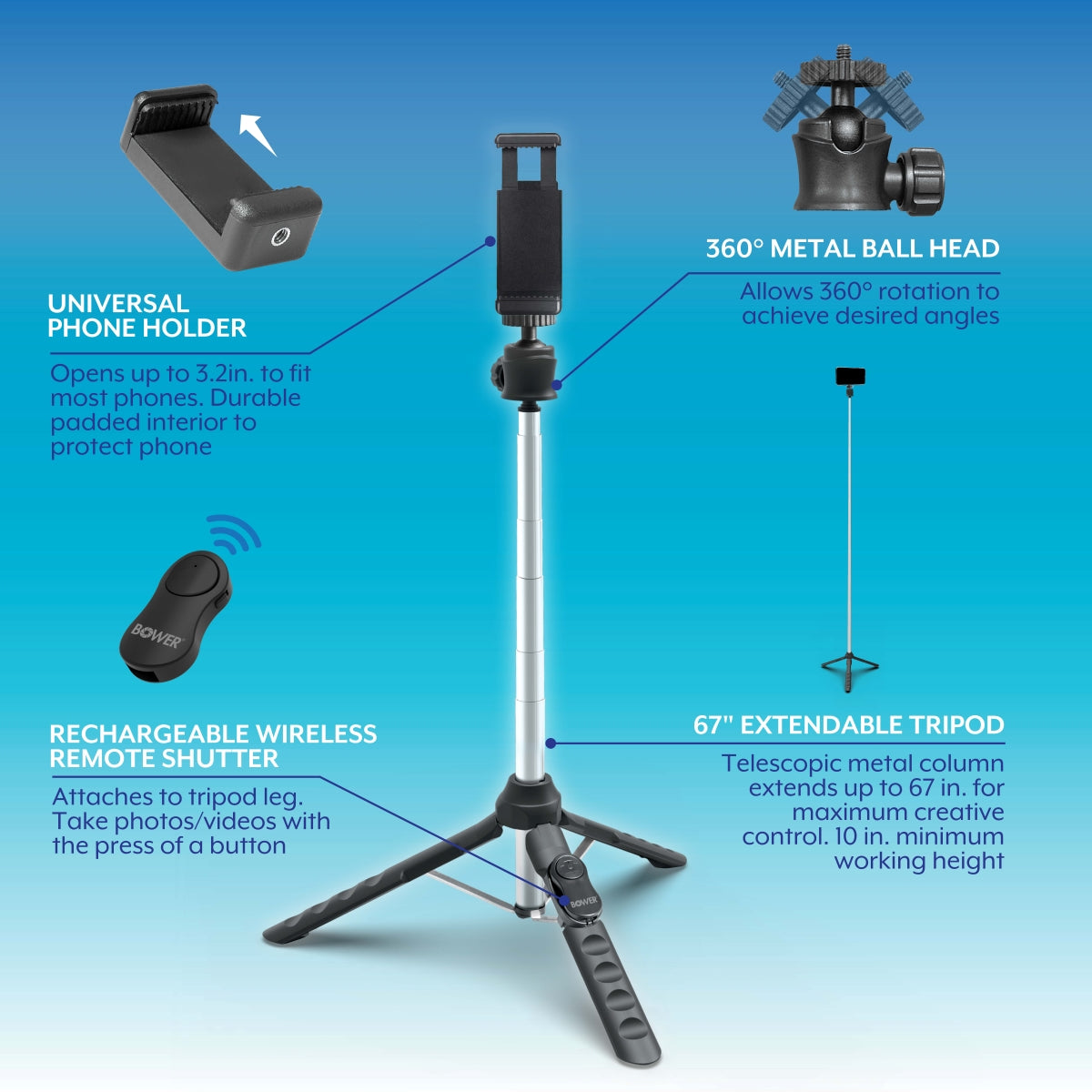 Bower Multi-Pod Max – 67" Extendable Tripod with Universal Phone Holder & Wireless Remote