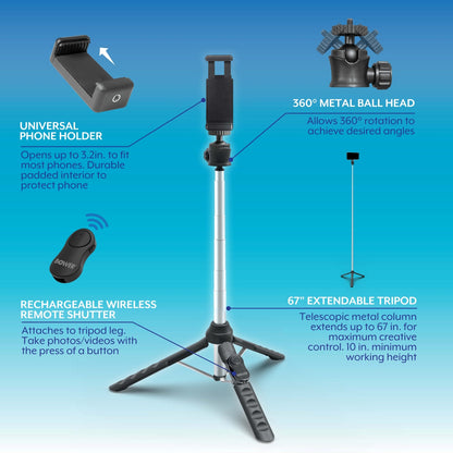 Bower Multi-Pod Max – 67" Extendable Tripod with Universal Phone Holder & Wireless Remote