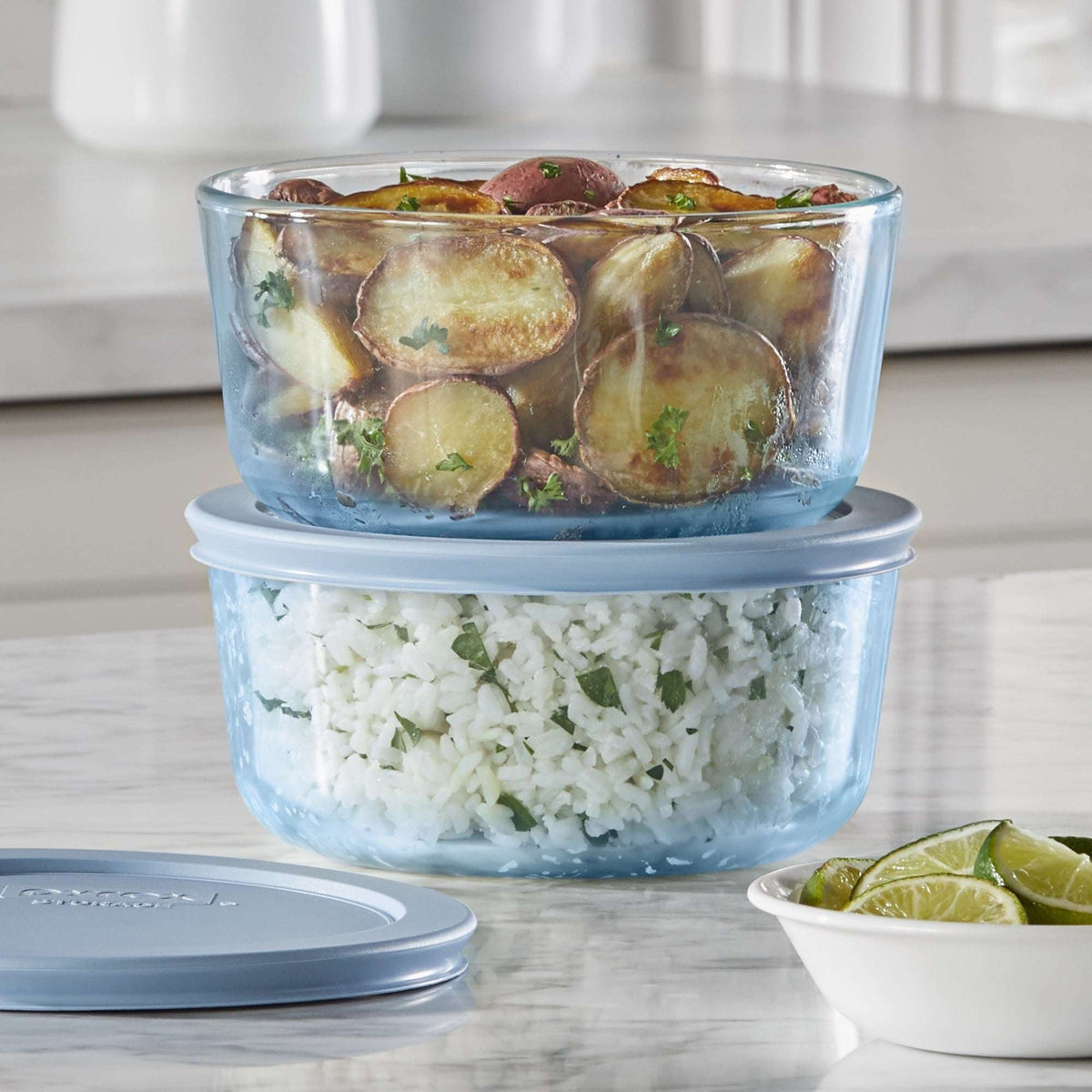 Pyrex Simply Store Tinted 4-piece Round Storage Set with Plastic Lids, Blue