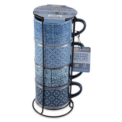 Thyme & Table 11.1 fl oz Blue Flowers and Blue Shapes Stoneware Stacking Mugs with Wire Rack, Set of 4
