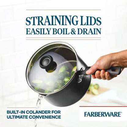 Farberware Easy Clean 3 Quart Nonstick Straining Sauce Pan with Pouring Spout and Lid, Dishwasher Safe, Black