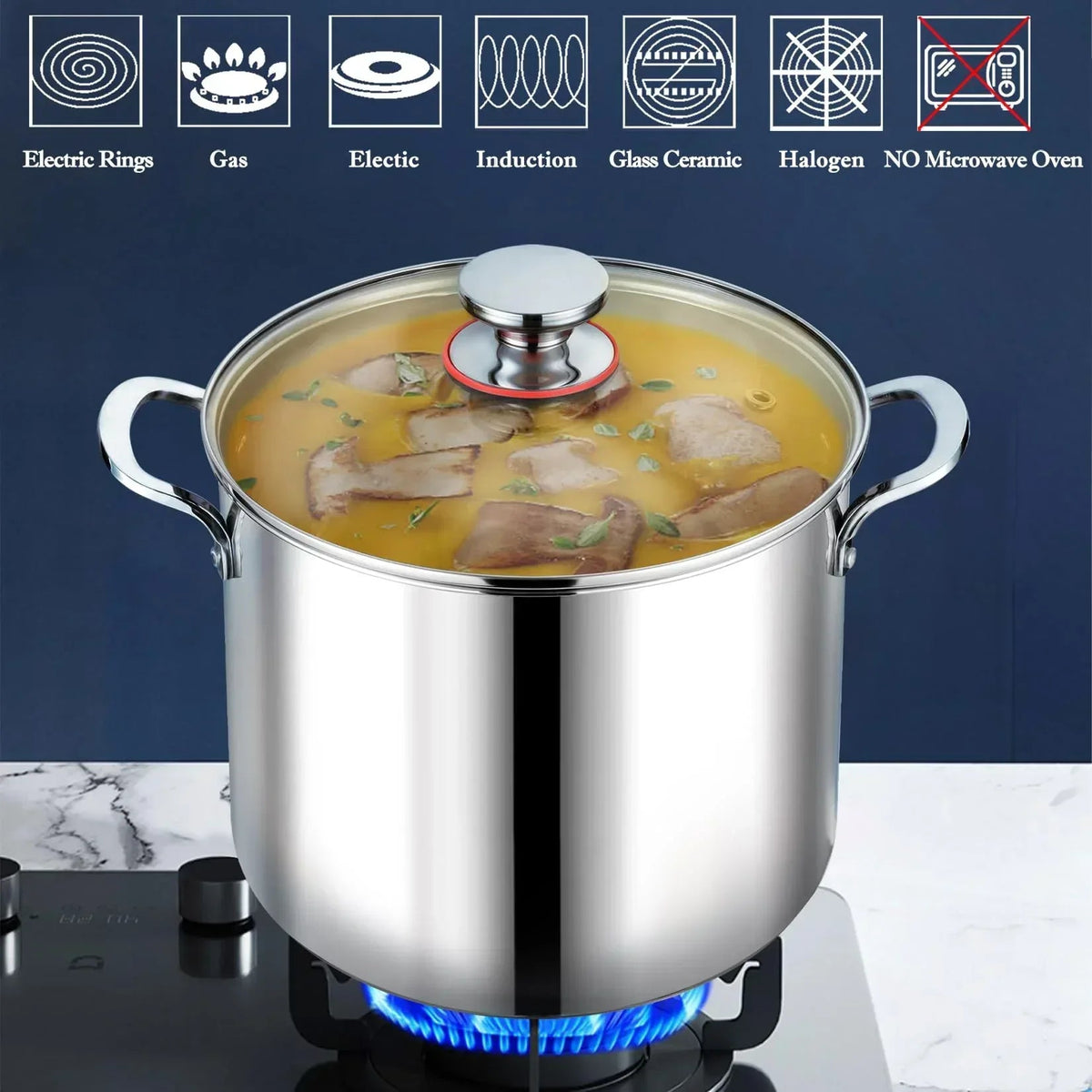 Coliware 12QT Stainless Steel Stock Pot with Glass Lid, 18/10 Food-Grade Material, 3-Ply Bottom, Induction Compatible, Dishwasher Safe