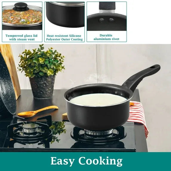 Mainstays 3 Piece Non-Stick Sauce Pans Black, 1Qt & 2Qt with Single Lid