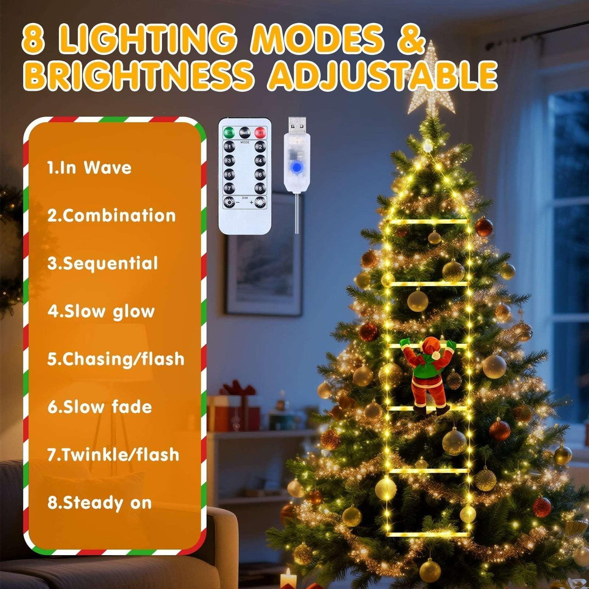 Fohil Christmas Lights, Novelty LED Ladder Lights with Climbing Santa, Christmas Decorations Indoor Outdoor, USB Rechargeable 8 Mode, Home Wall Door Decor