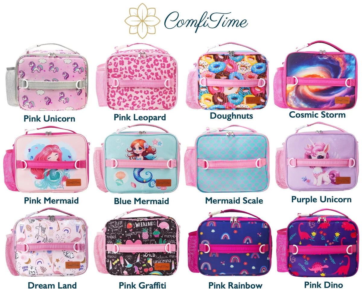 ComfiTime Lunch Bag for Kids – Insulated Lunch Box for Girls and Boys, Cute Reusable Cooler Bag with Zipper Pockets, Bottle Holder, Padded Handles and Shoulder Strap (Blue Camouflage)