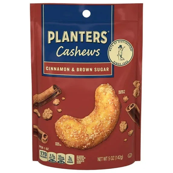 PLANTERS Cashews Cinnamon & Brown Sugar, Party Snacks, Plant Based Protein, 5 oz Bag