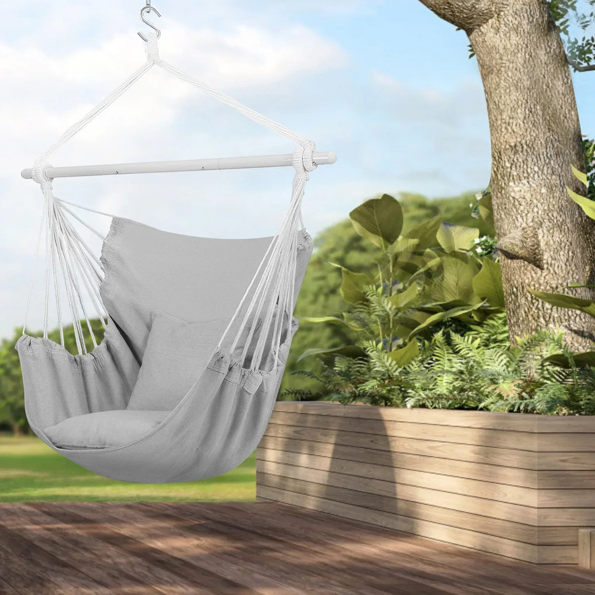 Large Hammock Chair Swing, Relax Hanging Rope Swing Chair with Detachable Metal Support Bar & Two Seat Cushions, Cotton Hammock Chair Swing Seat for Yard Bedroom Patio Porch Indoor Outdoor
