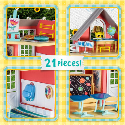 Honey Bee Acres Sunshine Meadow School – 21 Piece Miniature Dollhouse with Accessories & Exclusive Fox Figure – Pretend Play Set for Kids Ages 3+