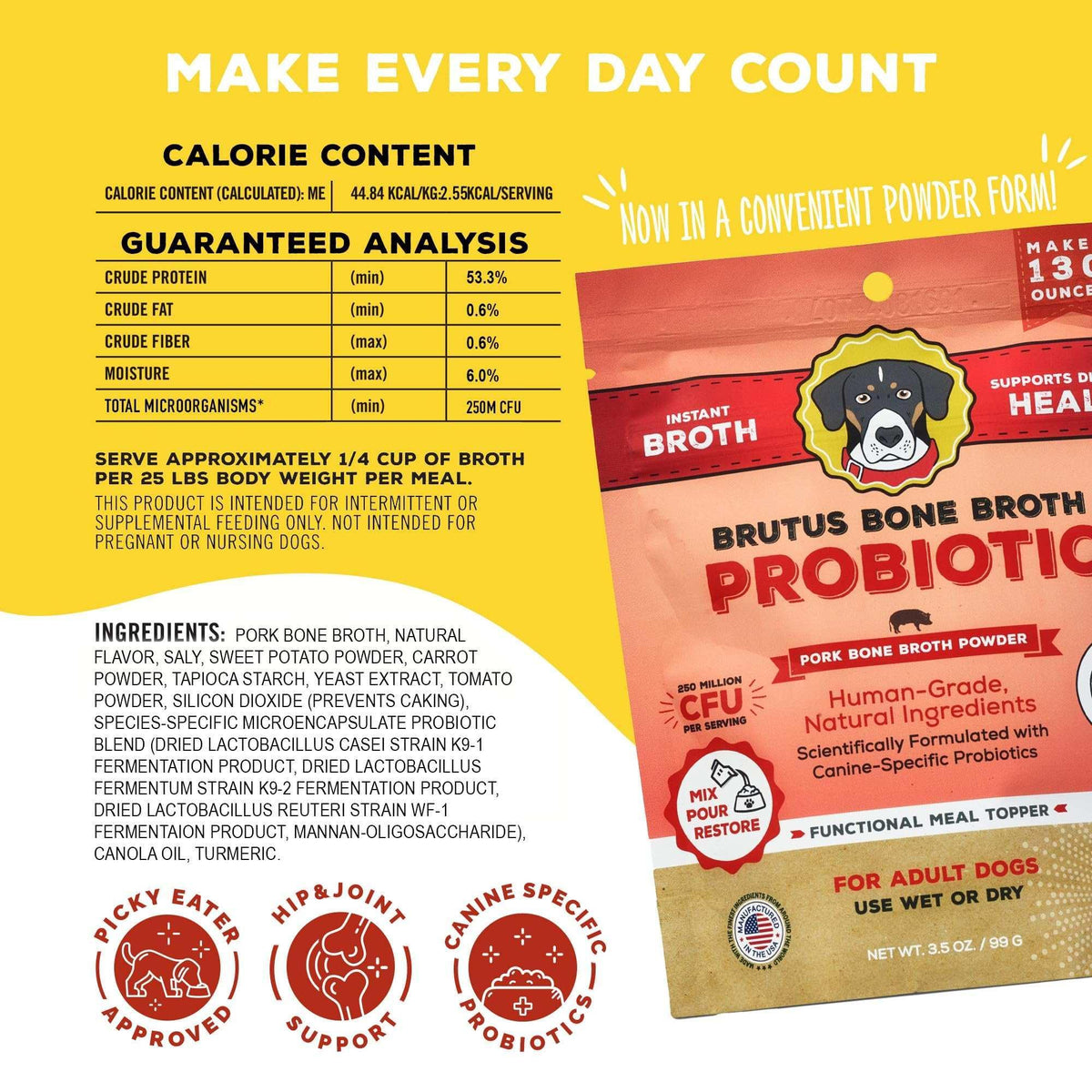 Brutus Bone Broth Probiotic Meal Toppers for Dogs Mega Pack (Pork) - Pet Food Topper - Bone Broth Powder Fortified - Pet Safe Human Grade Dog Food Topper - Makes Up to 130 Liquid Oz