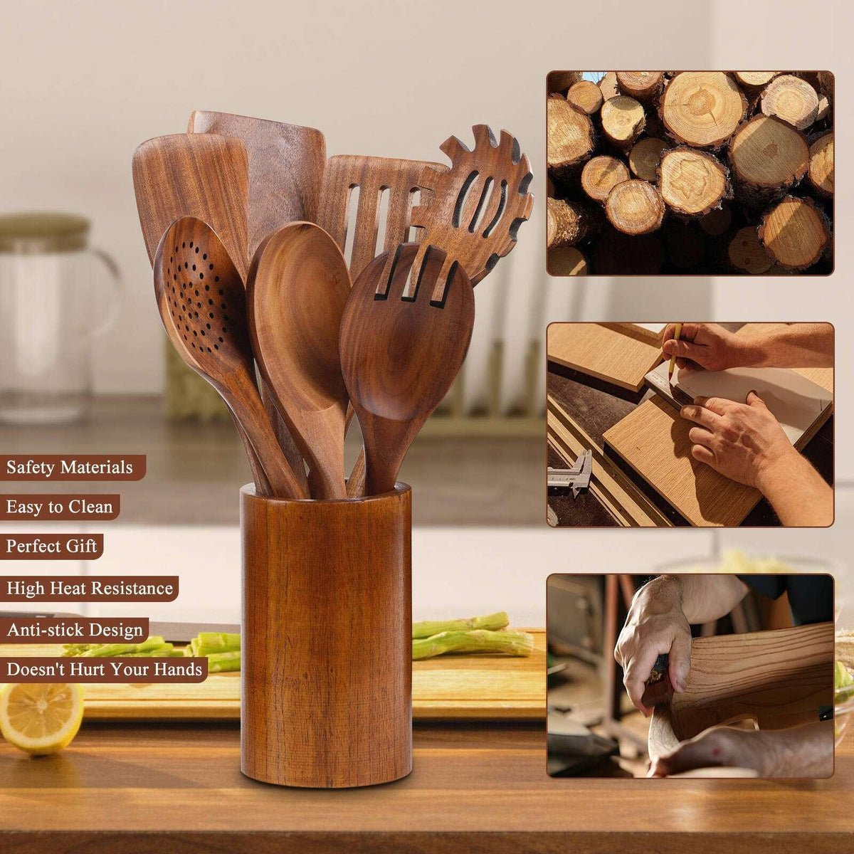 VAVSEA Thick Wooden Spoons for Cooking, 8 Pcs Natural Wooden Utensil for Cooking with Non-Stick, Heat Resistant, Wood Kitchen Utensil Set