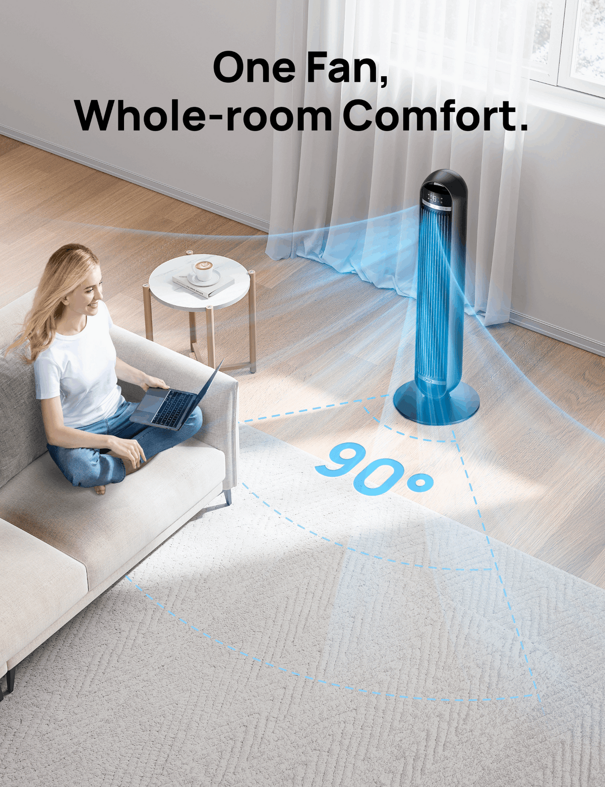 DREO Tower Fan, 27ft/s Velocity Quiet Floor Fan, 90° Oscillating Fans for Indoors with 8 Speeds, 4 Modes, Remote Control, Standing Fans, Bladeless Fan, Black, Nomad DC