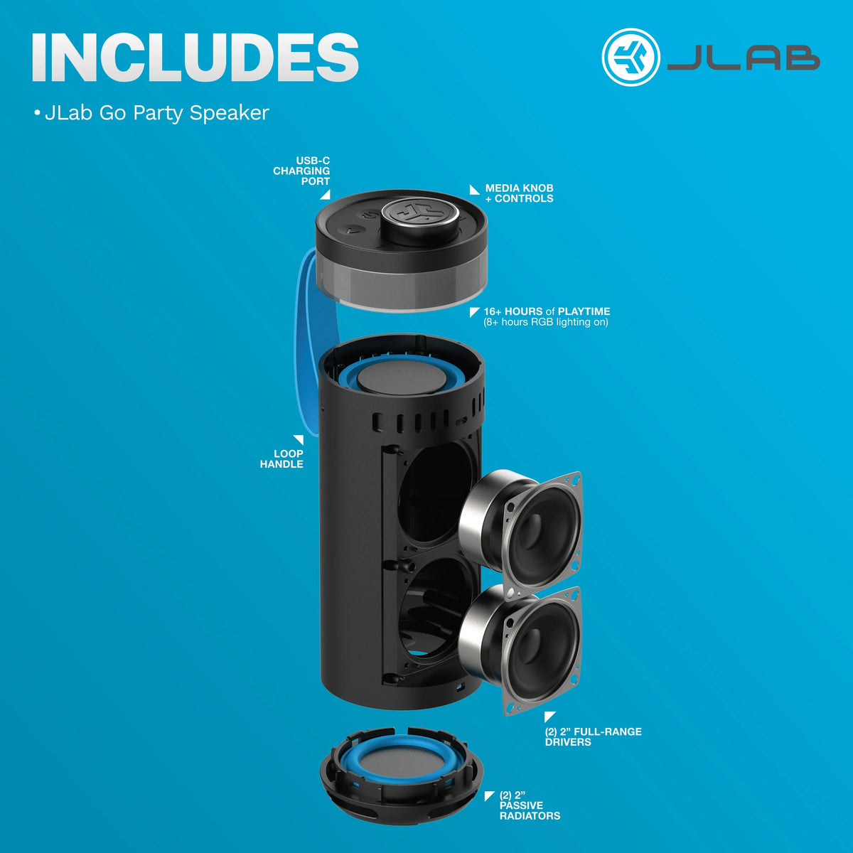 JLab GO Party Speaker - Black; Bluetooth Portable Speaker with RGB Lighting, 10W