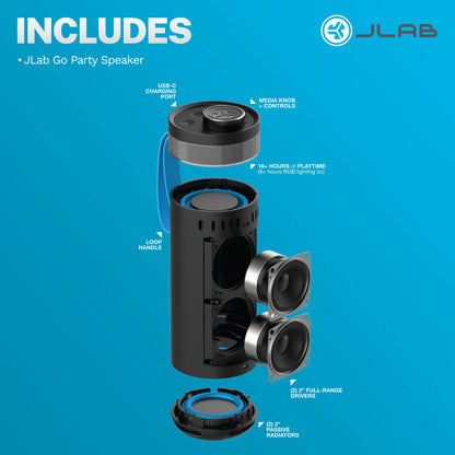 JLab GO Party Speaker - Black; Bluetooth Portable Speaker with RGB Lighting, 10W