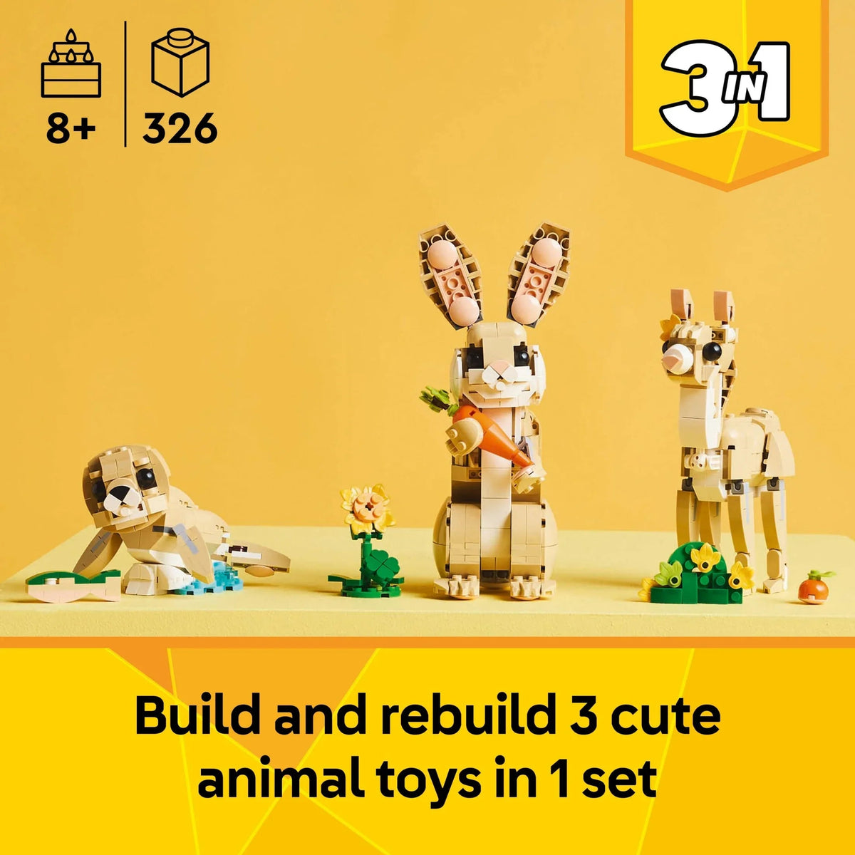LEGO Creator 3in1 Cute Bunny - Building Toys Set W/ 3 Building Options, Bunny, Seal, or Llama - Easter Decorations & Gift for Kids, Ages 8+ - Craft for Girls & Boys - 31162