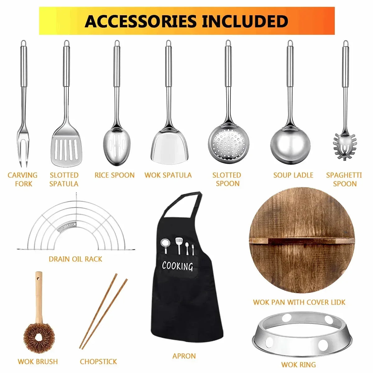 TAIMASI Carbon Steel Wok Pan, 14 Piece Woks & Stir-Fry Pans Set with Wooden Lid & Cookwares, Non-Stick Flat Bottom Chinese Woks Pan for Induction, 12.6''