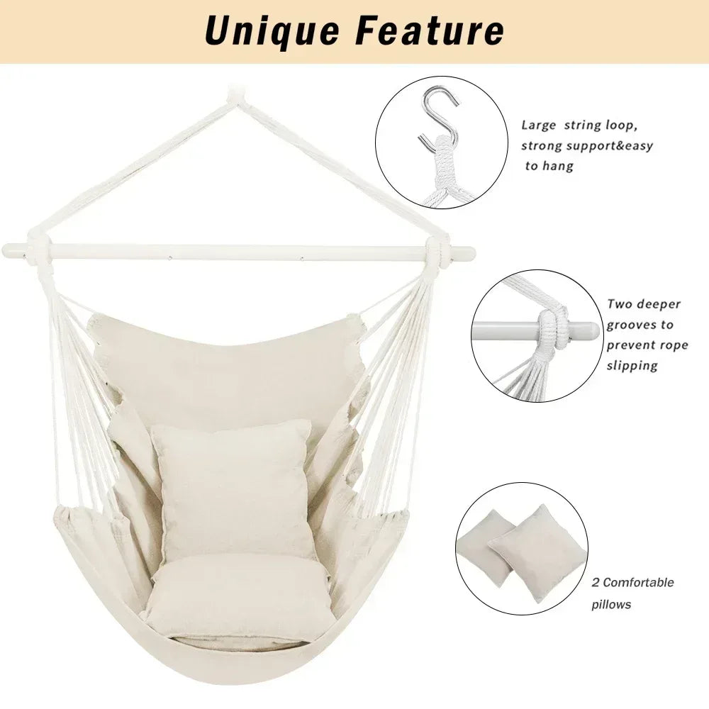 Large Hammock Chair Swing, Relax Hanging Rope Swing Chair with Detachable Metal Support Bar & Two Seat Cushions, Cotton Hammock Chair Swing Seat for Yard Bedroom Patio Porch Indoor Outdoor