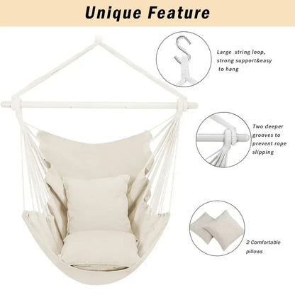 Large Hammock Chair Swing, Relax Hanging Rope Swing Chair with Detachable Metal Support Bar & Two Seat Cushions, Cotton Hammock Chair Swing Seat for Yard Bedroom Patio Porch Indoor Outdoor