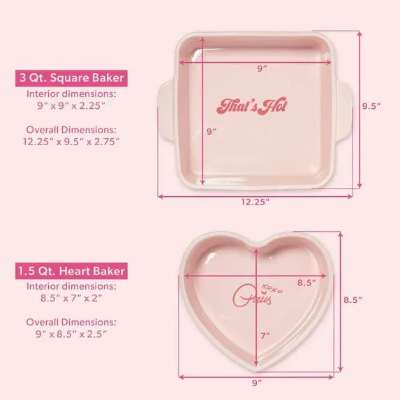 Paris Hilton 2-Piece Ceramic Nonstick Baking & Casserole Dish Set, Square and Heart-Shaped, Stoneware Baking Set, Pink