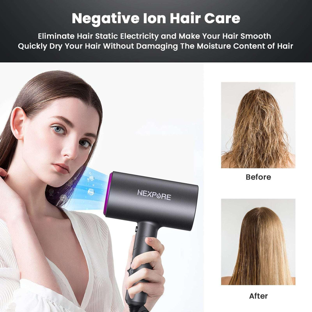 Hair Dryer, NEXPURE 1800W Professional Ionic Blow Dryer for Hair Care, Powerful Wind for Hair Drying, 2 Attachments, Grey