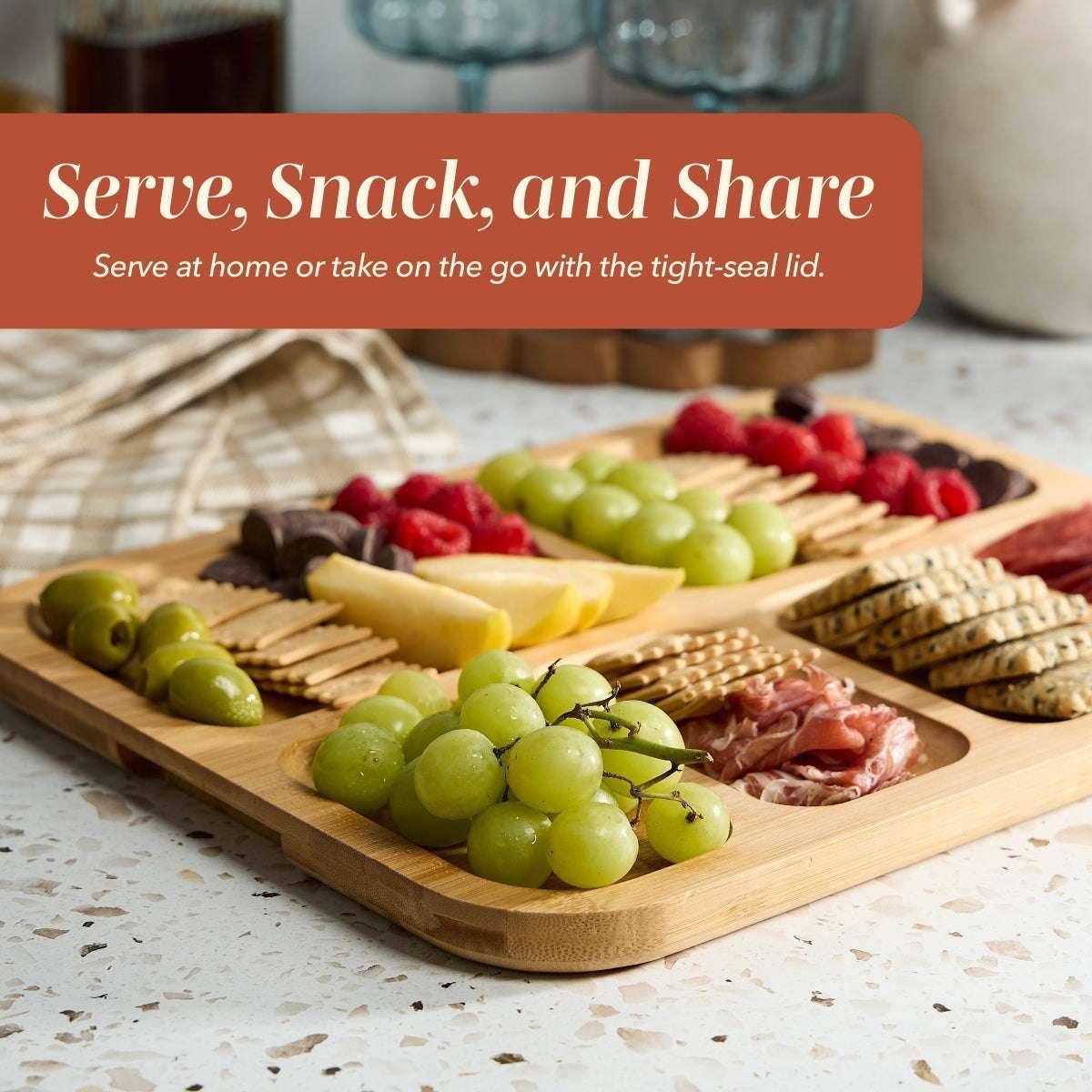 Cook With Color Rectangular Bamboo Cutting Board with Locking Lid, Dual-Function Charcuterie & Serving Board