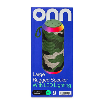 onn Large Rugged Speaker with Bluetooth Wireless Technology and LED Lighting, Camo