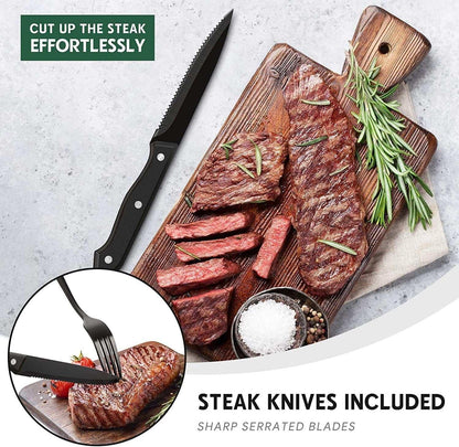 48-Piece Mirror Finished Black Silverware Set with Steak Knives, Black Flatware Set for 8, Stainless Steel Tableware Cutlery Set, Utensil Sets for Kitchen