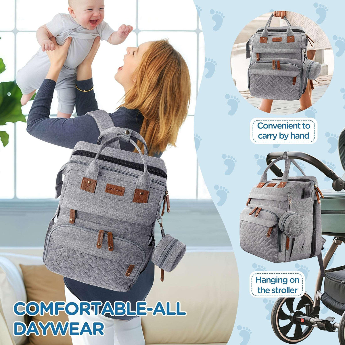 Babyomi Diaper Backpack with Changing Station, Foldable Crib, Insulated Pocket & USB Port, Large Travel Bag for Moms and Dads, Grey