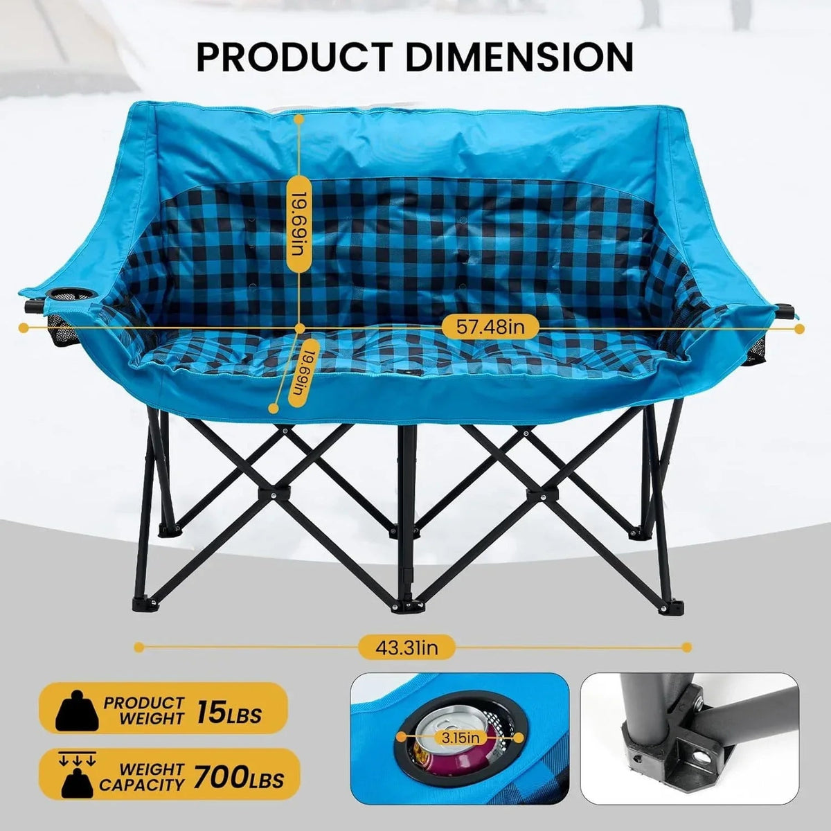 Slsy Double Camping Chair, Extra Padded Loveseat for 3 Prson Heavy Duty Folding Loveseat with Cup Holders for Camping, Fishing, or Hunting
