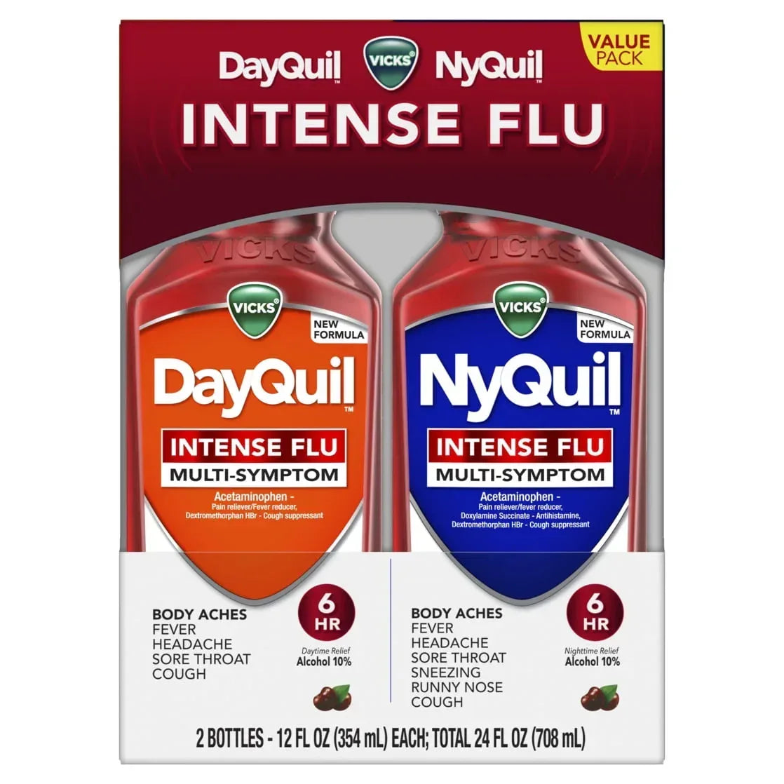 Vicks DayQuil & NyQuil Intense Flu Liquid, Multi-Symptom Relief, Cherry Flavor, Value Pack, 2 x 12 fl oz