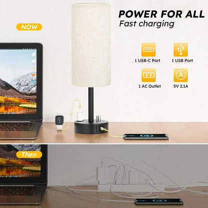 HadinEEon Bedside Table Lamp, Fully Dimmable Lamp with USB C&A Fast Charging Port, AC Outlet, Lamp with Linen Fabric Shade and Black Base for Bedroom Living Room, Office, Dorm