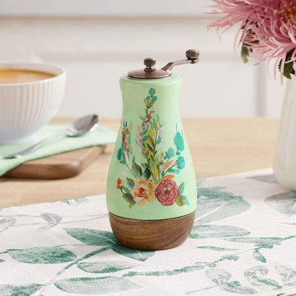 The Pioneer Woman Ceramic Painted Meadow Pepper Mill with Metal Grinder and Acacia Wood Base, A Practical Choice for Seasoning Storage and Serving