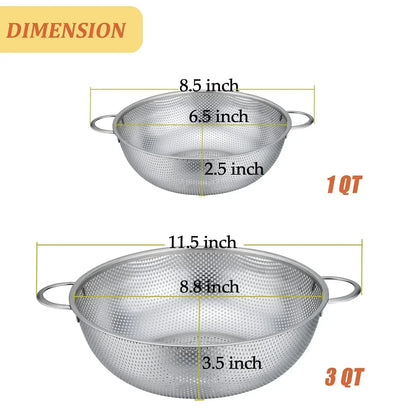 VeSteel Colander Set of 3, Stainless Steel Micro-Perforated Colanders Strainers for Draining Rinsing Washing, Ideal for Pasta Vegetables Fruits, Heavy Duty & Dishwasher Safe