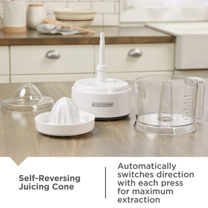 BLACK+DECKER Manual Citrus Juicer, 32 oz, White Plastic, Self-Reversing Cone