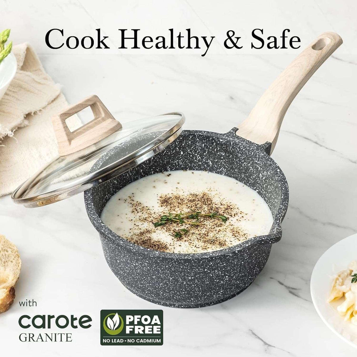 Carote 1.5Qt & 3.0Qt Non-Stick Sauce Pan Set with Lid, Non Stick Sauce Pots Cooking Pot with Pour Spout, Easy to Clean(Class Granite)