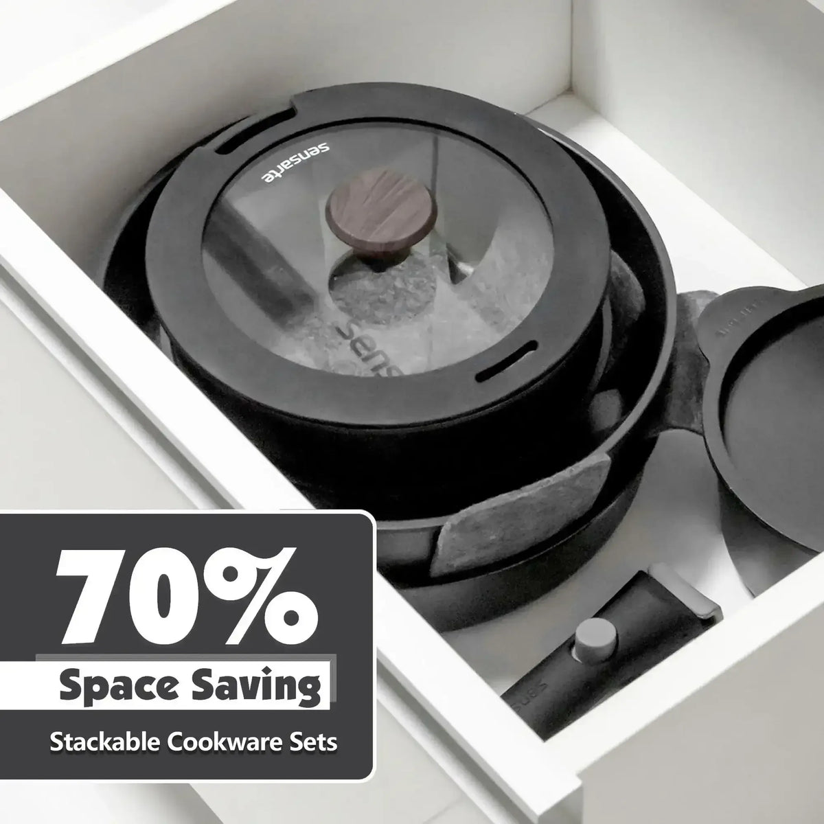 SENSARTE Ceramic Nonstick Pots and Pans Set with Detachable Handle, 18Pcs Induction Kitchen Cookware Sets Stackable, Dishwasher/Oven Safe(Navy Blue)