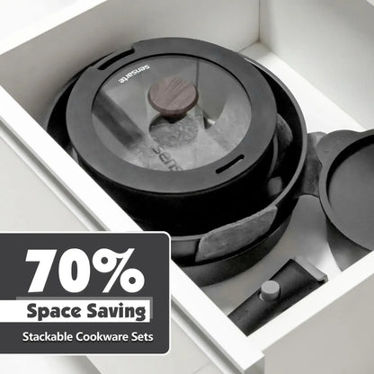 SENSARTE Ceramic Nonstick Pots and Pans Set with Detachable Handle, 18Pcs Induction Kitchen Cookware Sets Stackable, Dishwasher/Oven Safe(Navy Blue)