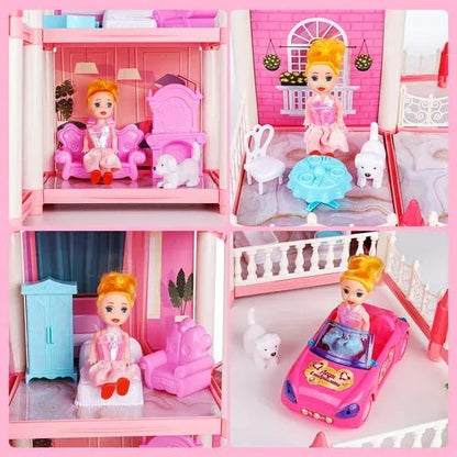 Anpro Pink Dollhouse Pretend Play Set for Kid, Big Villa Princess Castle, 5 Rooms Dollhouse with Doll Toy Figure for Boys and Girls Age 3+ Play House Gift Toys and Christmas