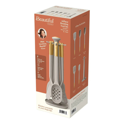 Beautiful 6-Piece Silicone Kitchen Utensil Tool Set with Rotating Rack, Black Sesame by Drew Barrymore