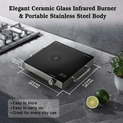Hot Plate Electric Single Burner 1500W Portable Burner for Cooking with Adjustable Temperature & Stay Cool Handles, Non-Slip Rubber Feet, Stainless Steel Easy to Clean, Compatible for All Cookware
